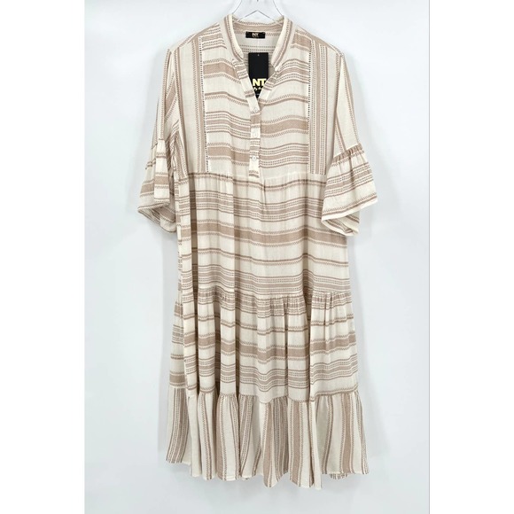 Boho Dress Woven pattern Stripe Tiered White Tan OS NWT - Picture 5 of 11